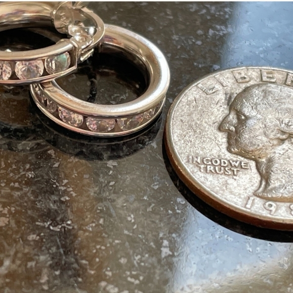 Solid 14KT White Gold & White Sapphire Hoop Earrings - Picture 8 of 14